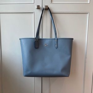 Light Blue/Tan Reversible Coach Bag W/ Mini Pouch